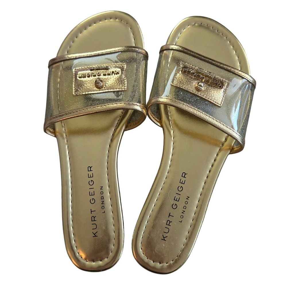 Kurt Geiger Slide Sandals Womens 8.5 Gold New Glitter Clear Jelly Logo Flat
